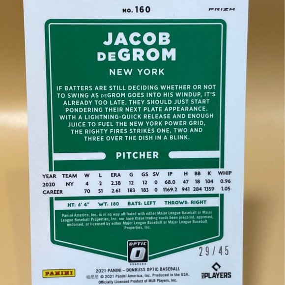 2021 Panini Donruss Jacob DeGrom Prizm Serial 29/45 New York Mets Card #160 - Picture 5 of 6